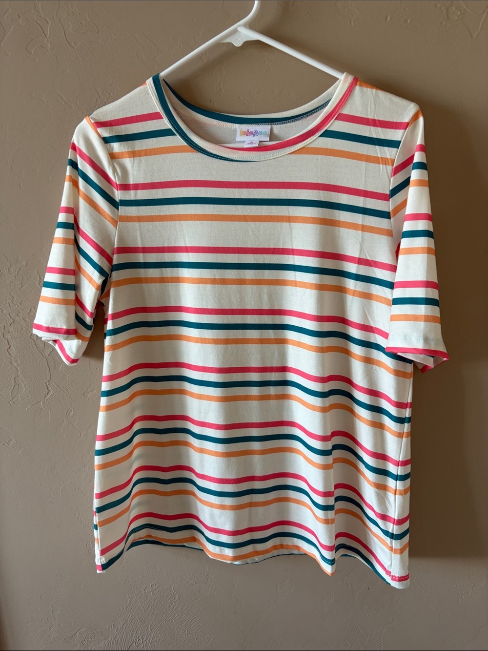 LuLaRoe Cream Tee with Teal and Coral Trim